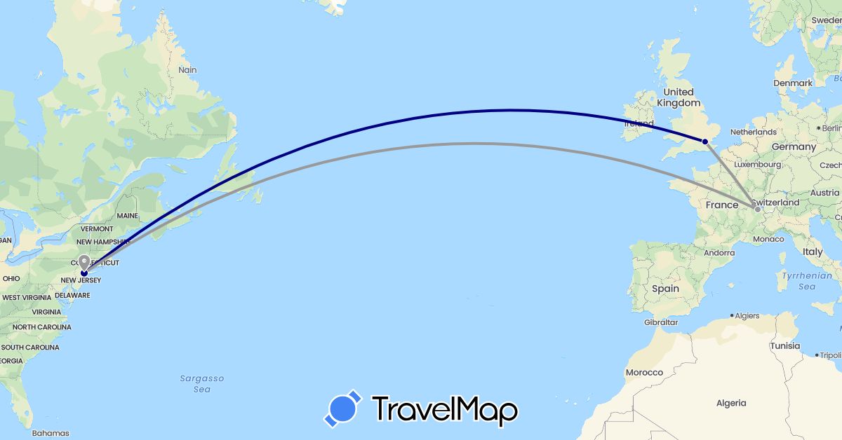 TravelMap itinerary: driving, plane in Switzerland, United Kingdom, United States (Europe, North America)